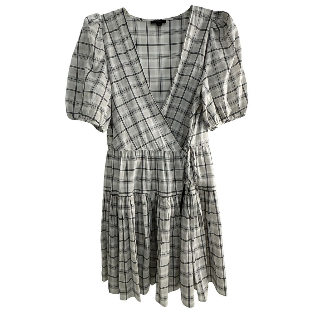 J.Crew Re-Imagined Plaid Tiered Wrap Mini Dress Grey Black Womens Small‎